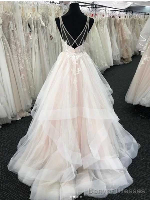 White Tulle V-Neck Open Back Long Wedding Dress, Secondary image