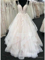 White Tulle V-Neck Open Back Long Wedding Dress,