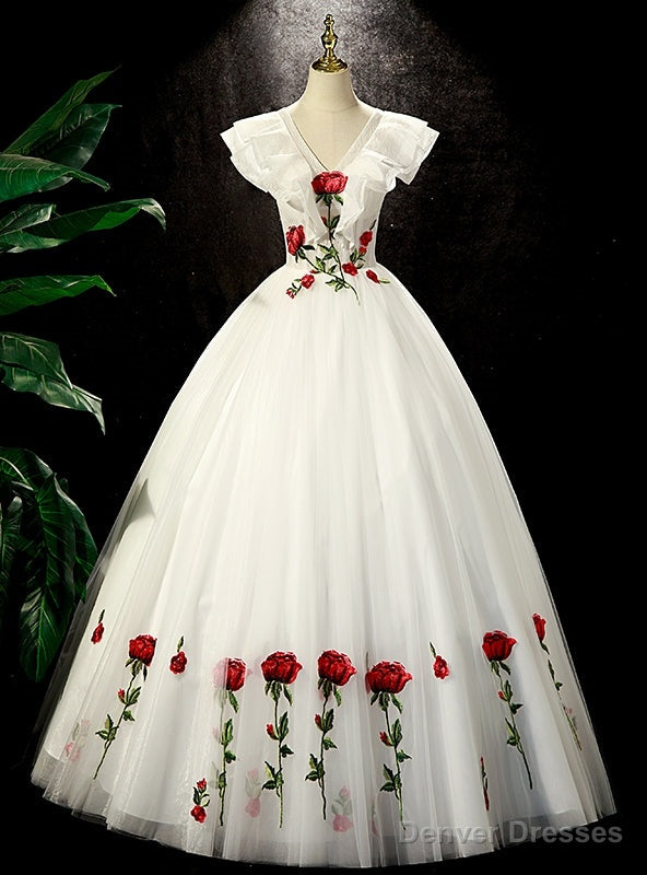 White Tulle V-neck Rose Flower Quinceanera Dress