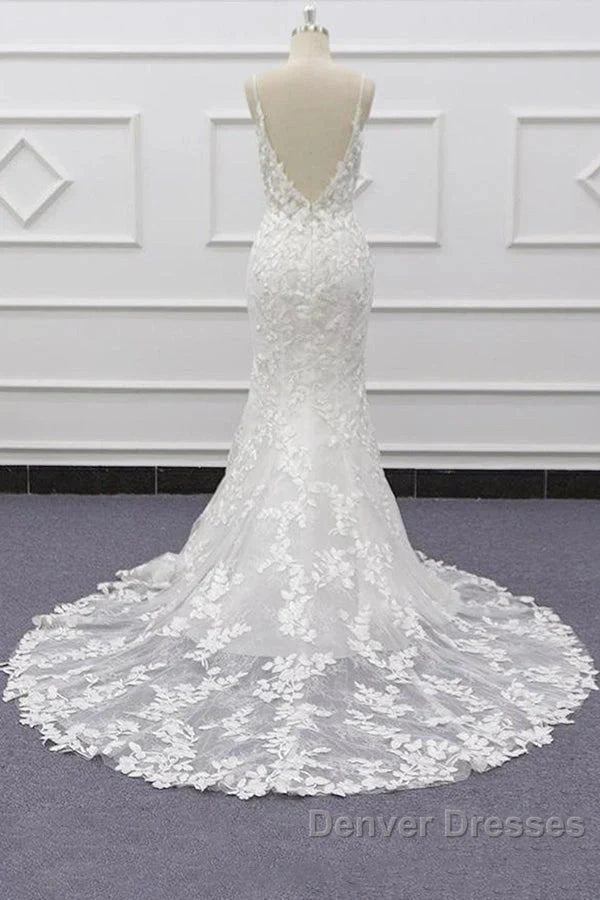 White Tulle Wedding Dress Lace Appliques Spaghetti Straps Mermaid Bridal Dress Open Back Secondary image
