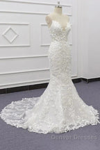 White Tulle Wedding Dress Lace Appliques Spaghetti Straps Mermaid Bridal Dress Open Back