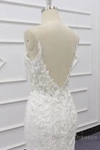 White Tulle Wedding Dress Lace Appliques Spaghetti Straps Mermaid Bridal Dress Open Back