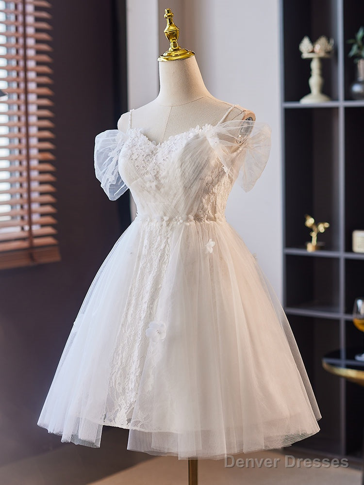 White Tulle with Lace Off Shoulder Short Party Dress, White Prom Dress Formal Dress Main image