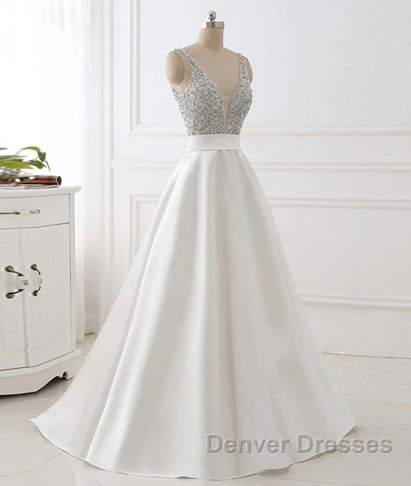 White v neck beads sequin long prom Dress, white evening Dress
