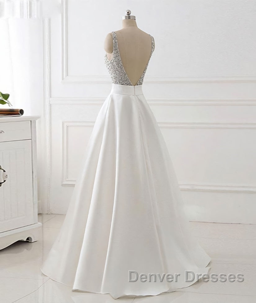 White v neck beads sequin long prom Dress, white evening Dress