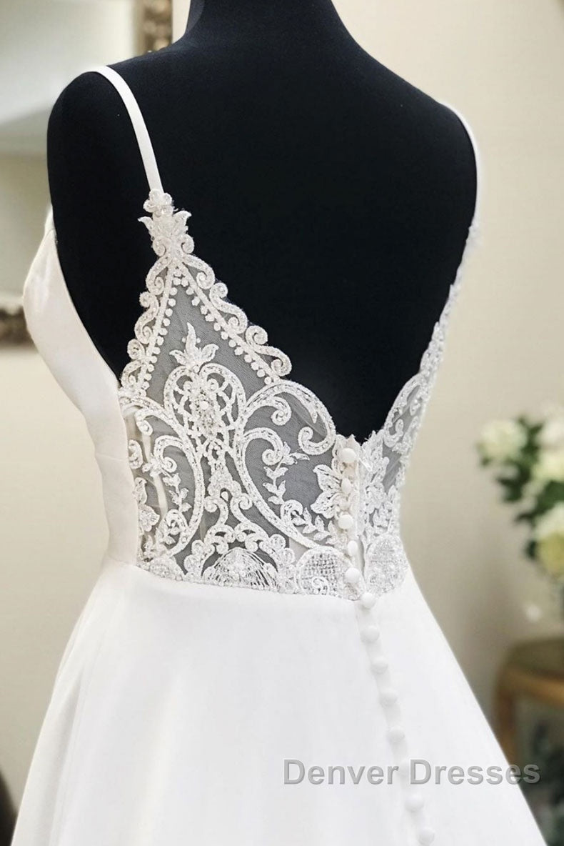 White v neck chiffon long prom Dress, white lace evening Dress