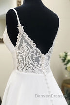 White v neck chiffon long prom Dress, white lace evening Dress