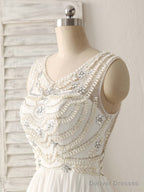 White V Neck Chiffon Long Prom Dresses, White Long Evening Dresses