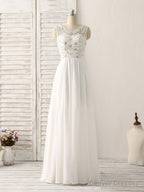 White V Neck Chiffon Long Prom Dresses, White Long Evening Dresses