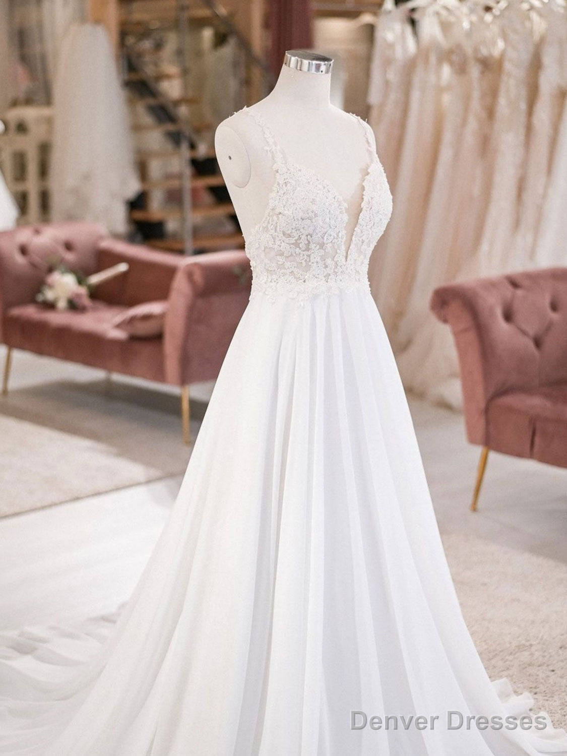 White V Neck Lace Chiffon Long Wedding Dress, Beach Wedding Dress Secondary image