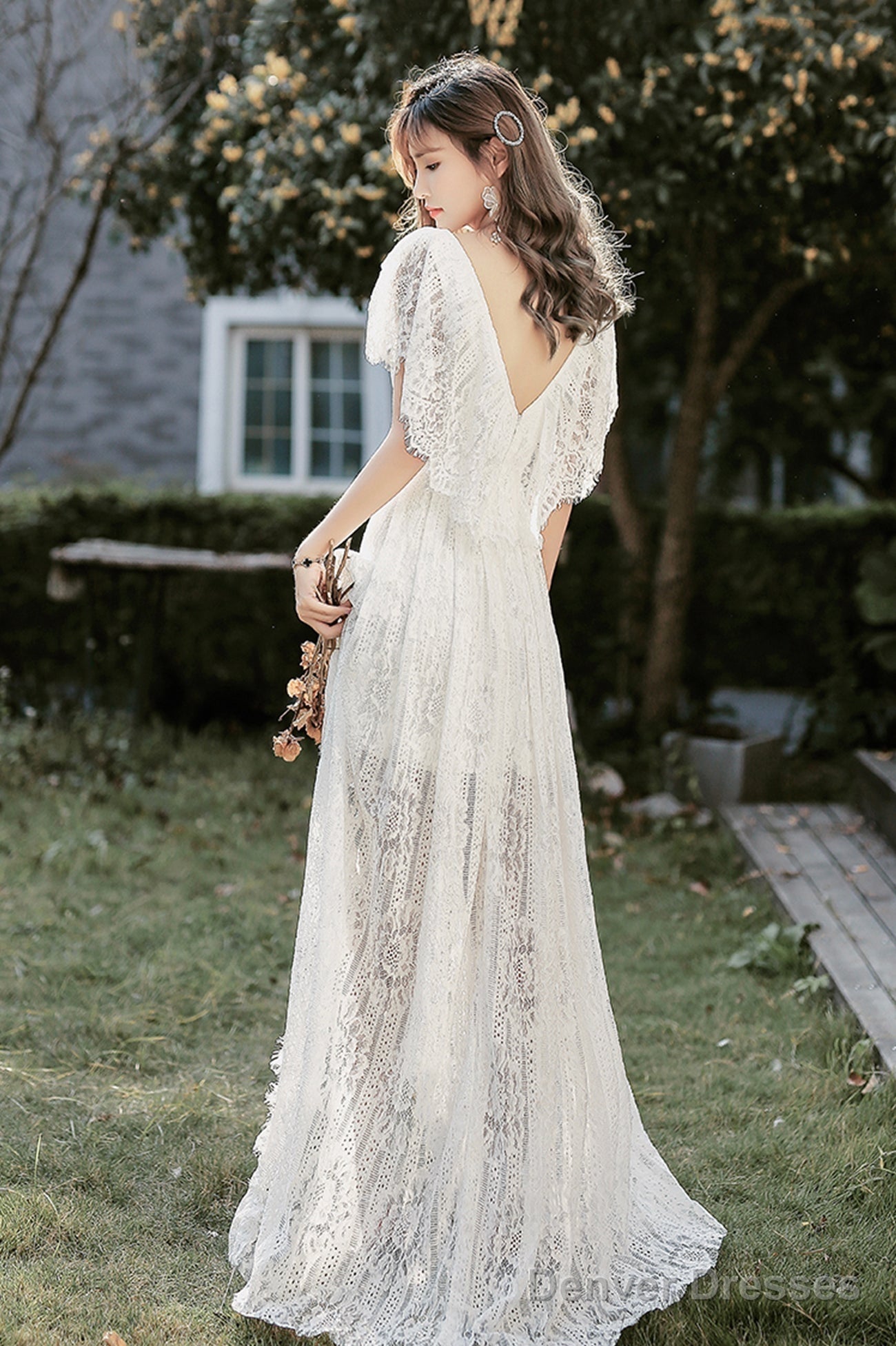 White V-Neck Lace High Low Prom Dress, White Evening Dress