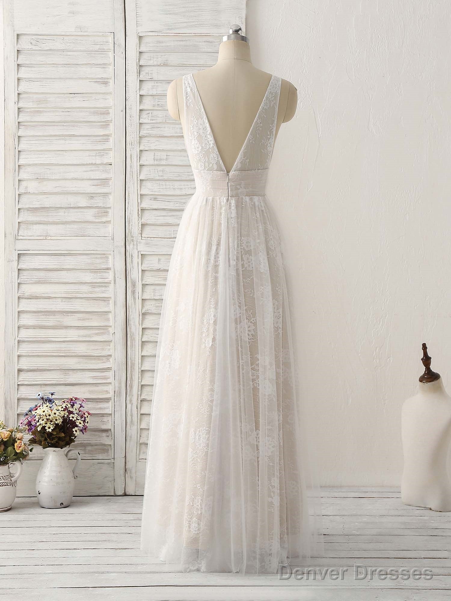 White V Neck Lace Long Prom Dress Backless Lace Evening Dress