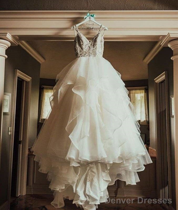 White V Neck Lace Tulle Long Prom Dress, White Wedding Dress Main image