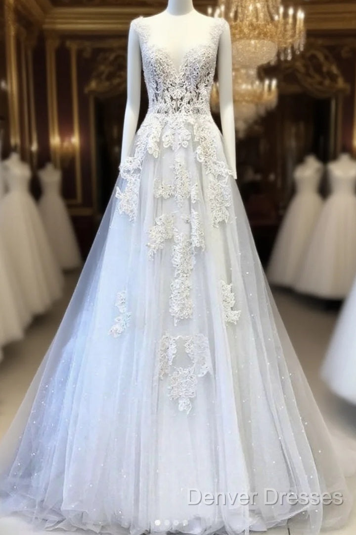 White V Neck Lace Tulle Long Wedding Dress, Lace Prom Dress Main image