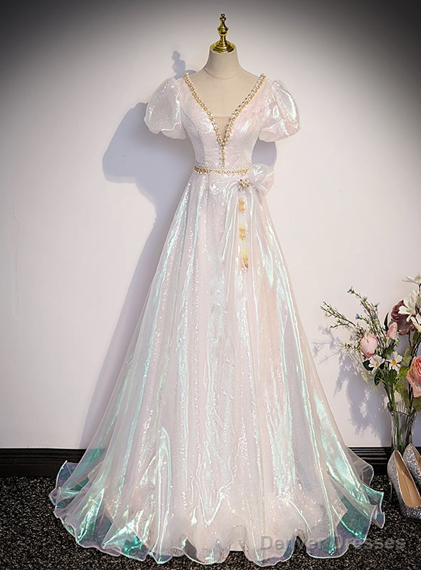 White V-neck Puff Sleeve Beading Prom Dress Main image