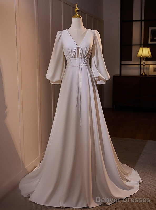White V-neck Puff Sleeve Wedding Dress