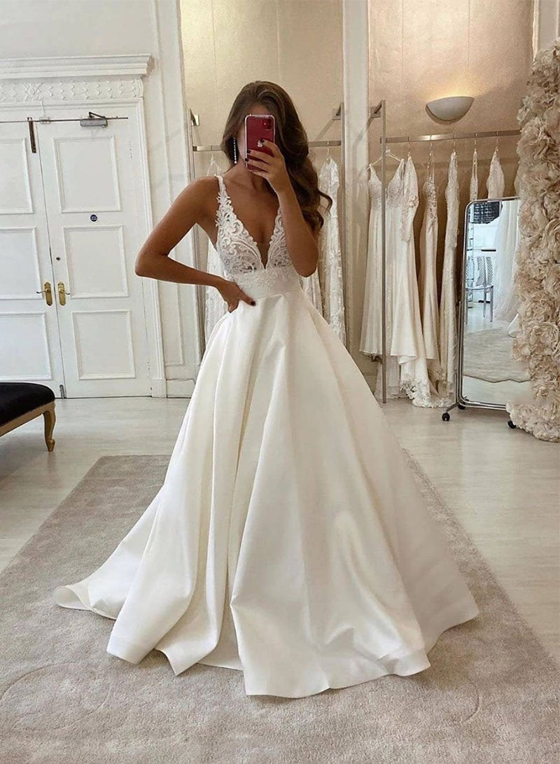 White V Neck Satin Lace Long Prom Dress Evening Dress Main image