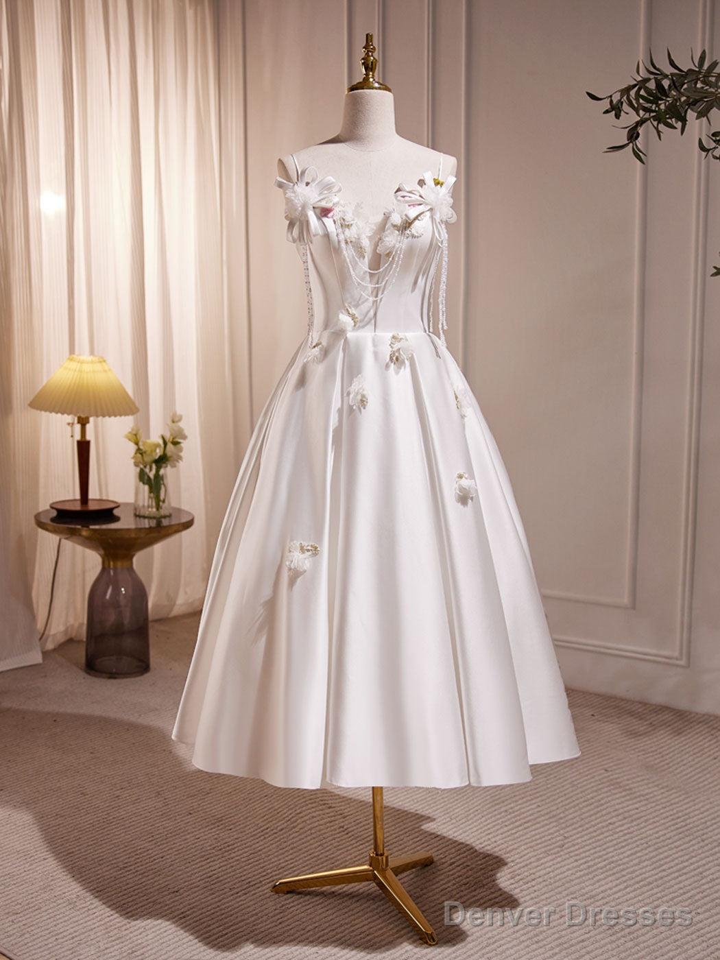 White V Neck Satin Tea Length Prom Dress, White Formal Dress With Beading Secondary image