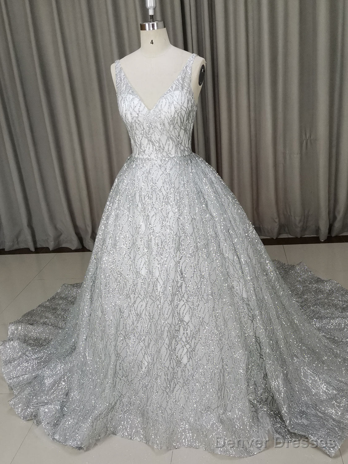 White V Neck Sequin Tulle Long Prom Dress White Tulle Evening Dress Main image