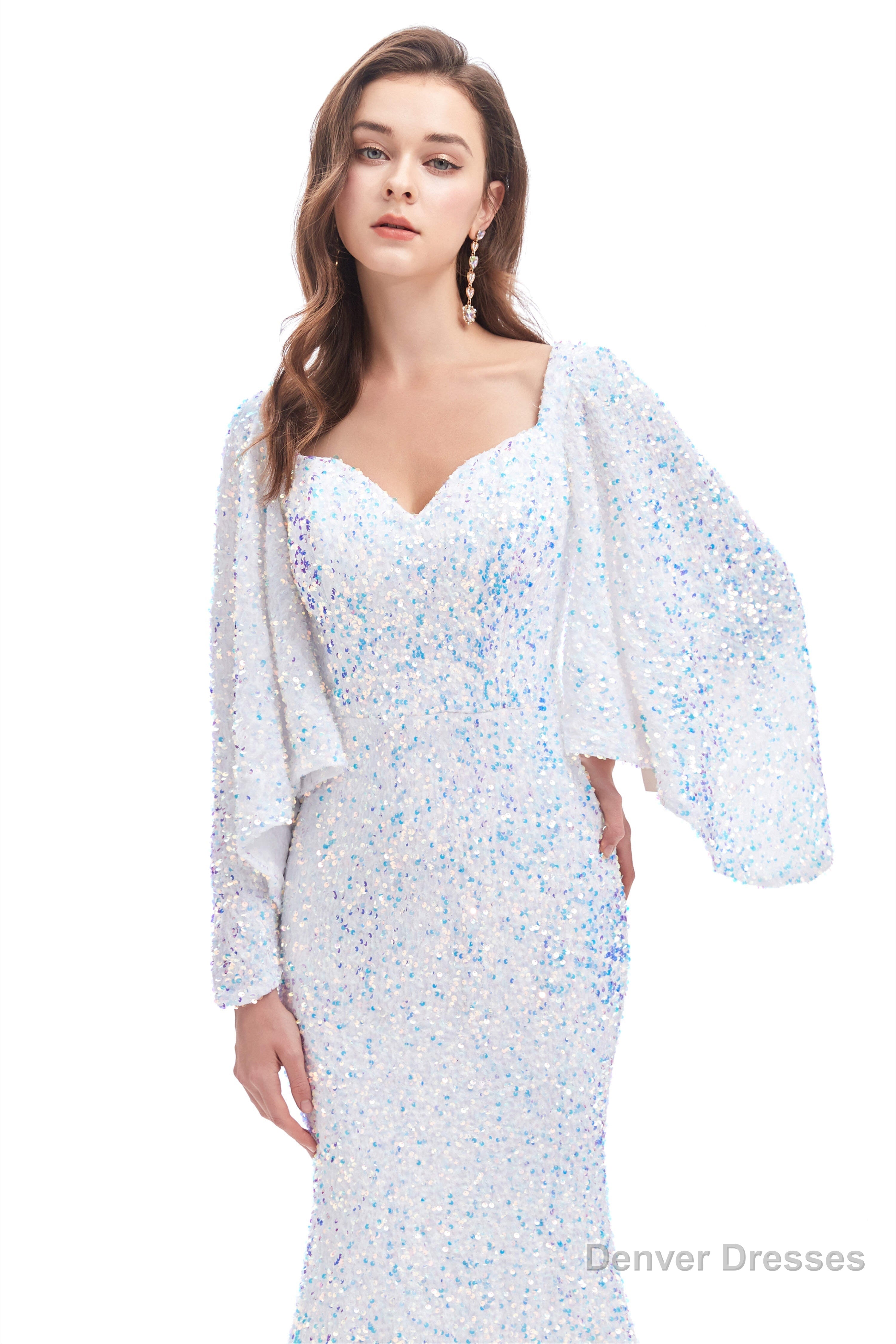 V-Neck Sequins Mermaid Prom Dresses with Sleeves