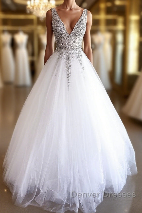 White v neck tulle beads sequin long prom Dress white evening Dress Main image