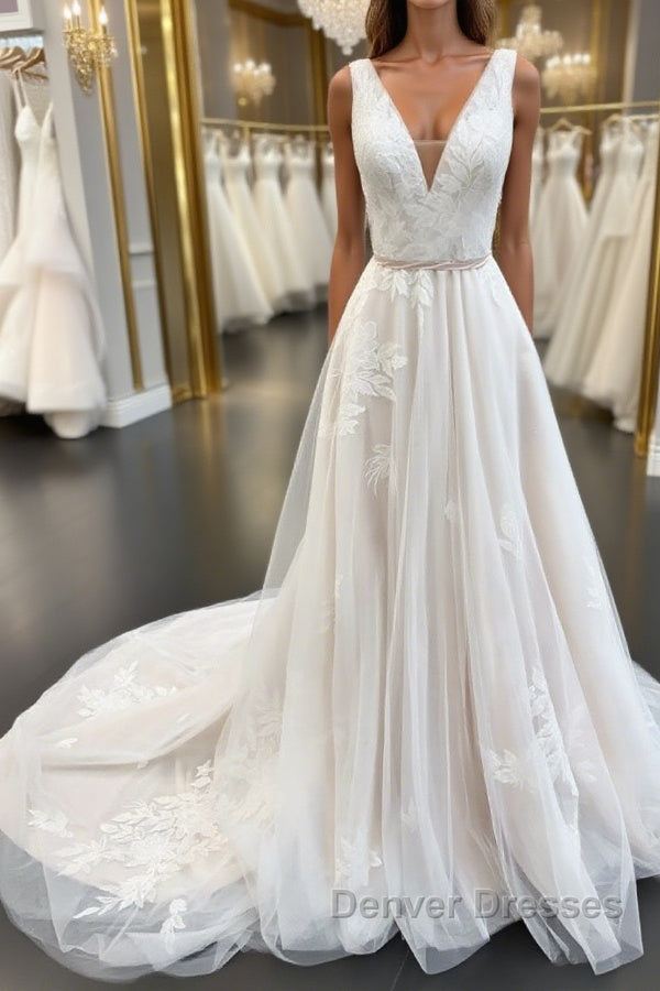 White v neck tulle lace long prom Dress, lace evening Dress Main image