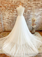 White V Neck Tulle Lace Long Prom Dress, Lace Tulle Wedding Dress