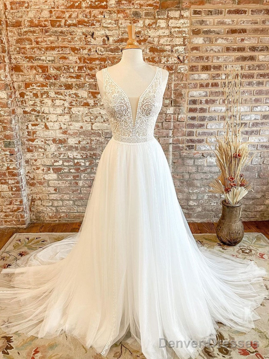 White V Neck Tulle Lace Long Prom Dress, Lace Tulle Wedding Dress Main image