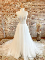 White V Neck Tulle Lace Long Prom Dress, Lace Tulle Wedding Dress
