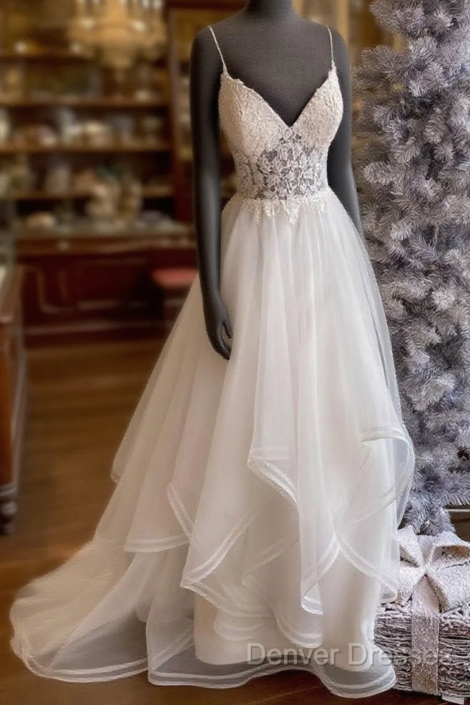 White V Neck Tulle Lace Long Prom Dress, White Lace Evening Dress