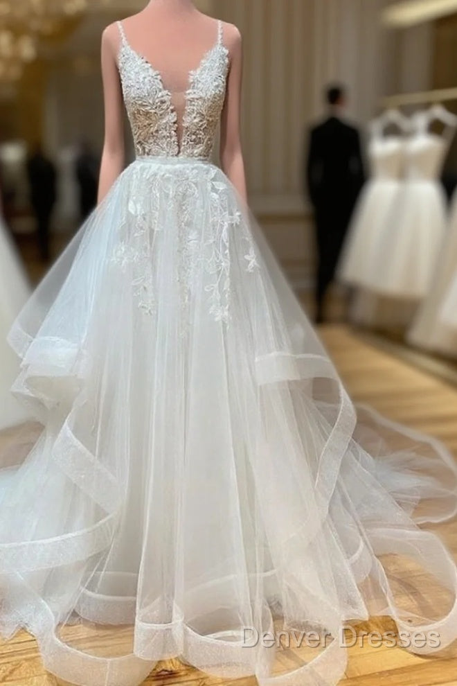 White V Neck Tulle Lace Long Prom Dress White Lace Wedding Dress Main image