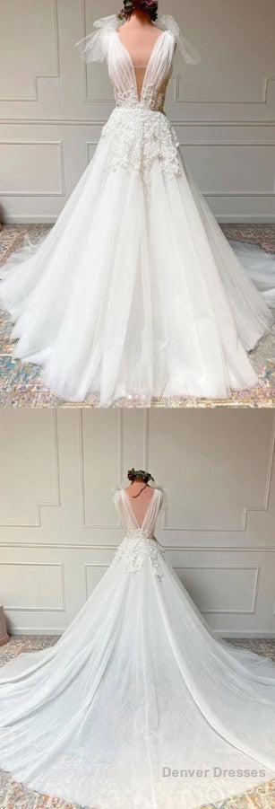 White V Neck Tulle Lace Long Prom Dress White Tulle Wedding Dress Main image