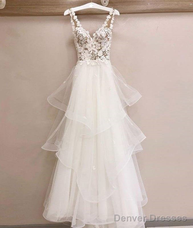 White V Neck Tulle Lace Long Prom Dress, White V Neck Evening Dress Main image