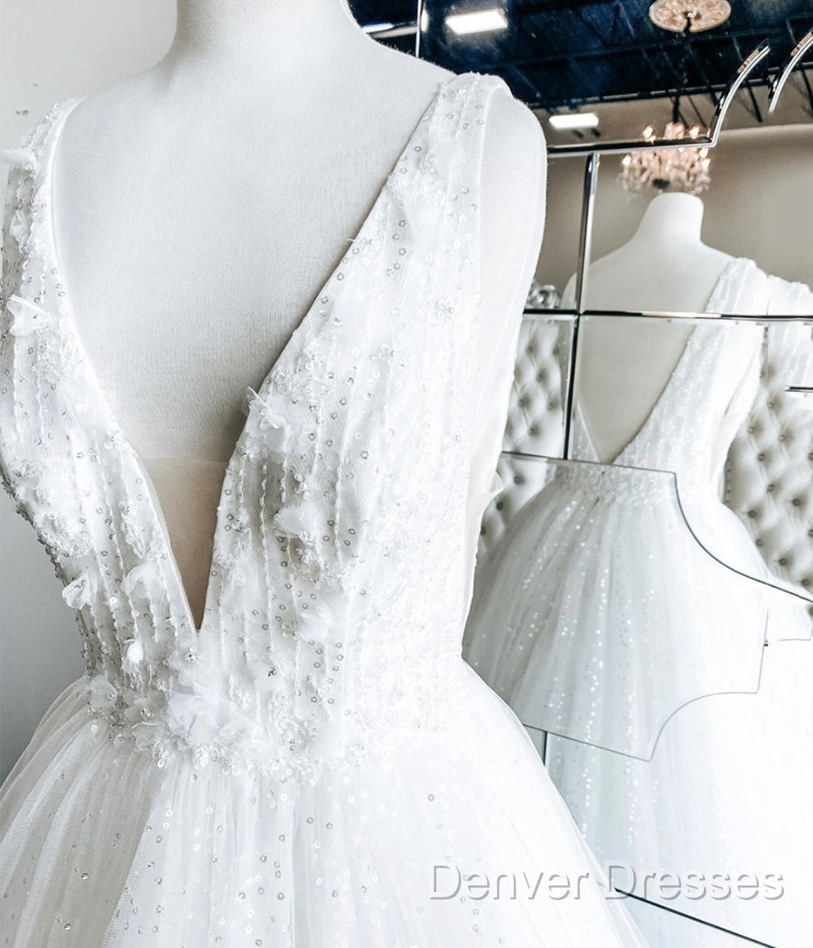 White V Neck Tulle Lace Long Prom Gown Wedding Dress Secondary image