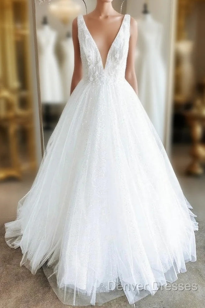 White V Neck Tulle Lace Long Prom Gown Wedding Dress Main image