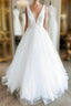 White V Neck Tulle Lace Long Prom Gown Wedding Dress