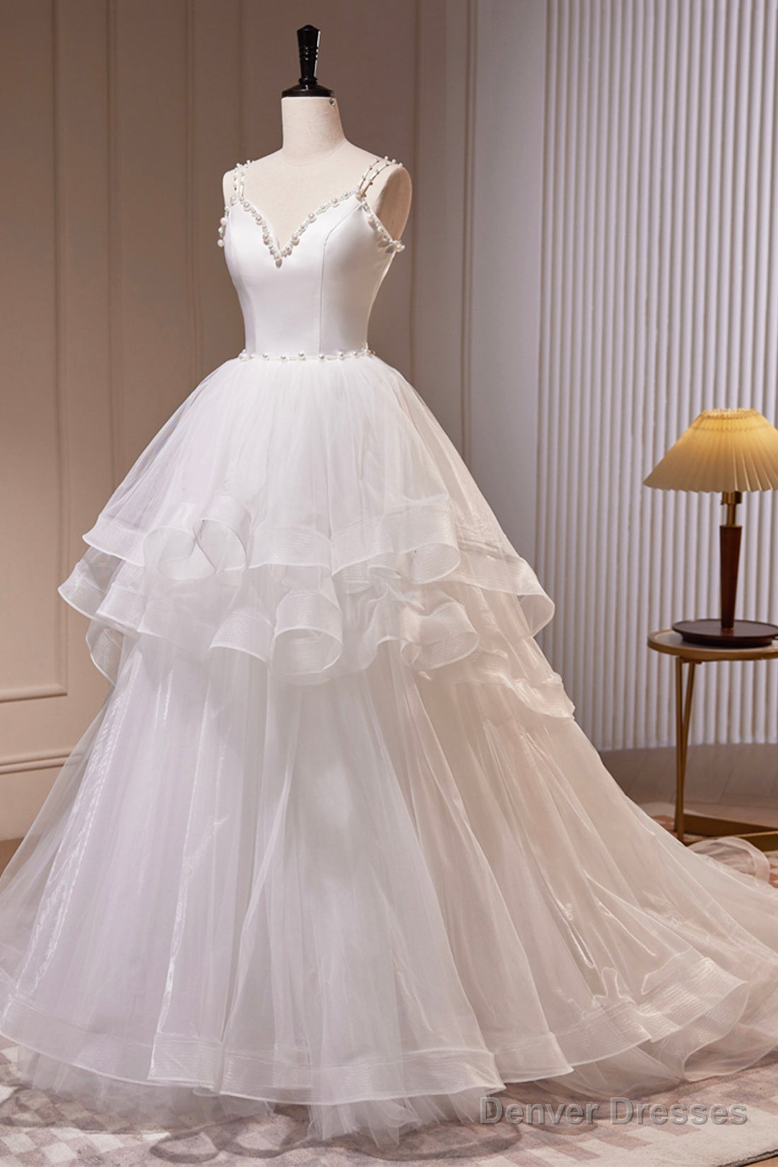 White V-Neck Tulle Long Prom Dress, A-Line Evening Dress with Train Main image