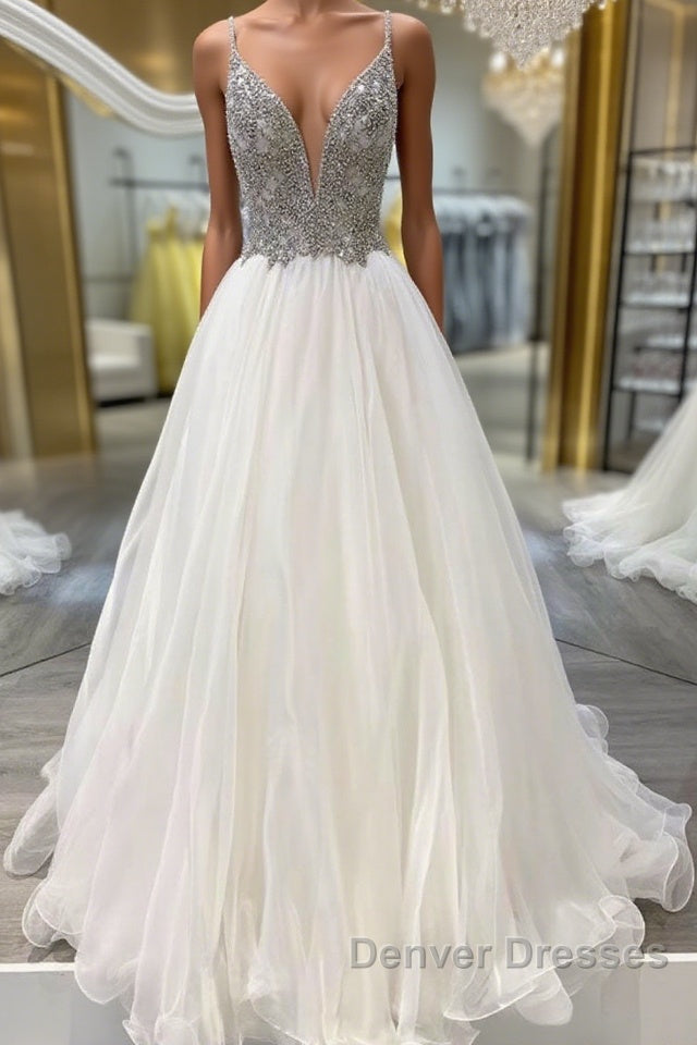 White v neck tulle long prom Dress white tulle formal Dress
