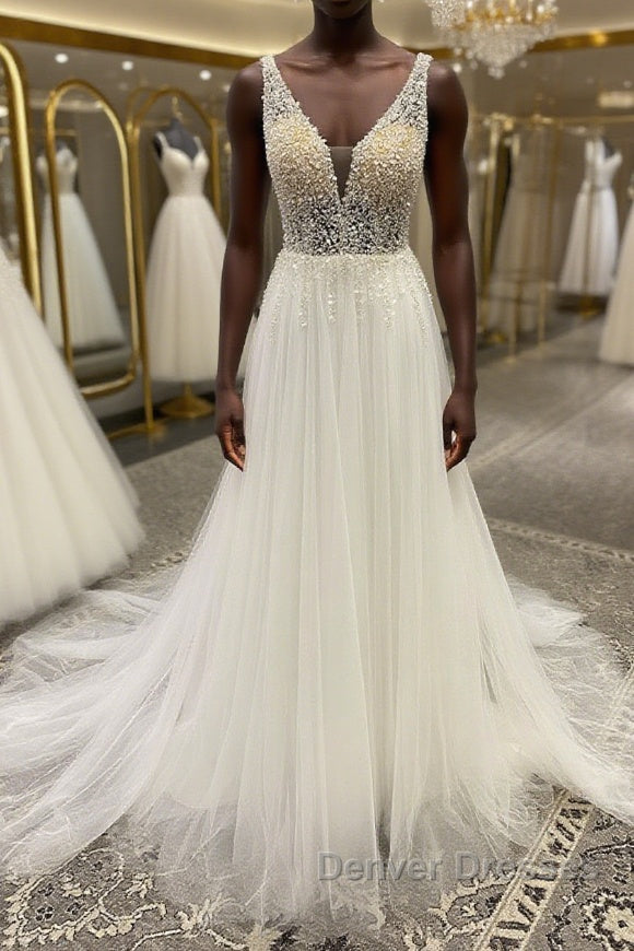 White v neck tulle sequin beads long prom Dress, A line evening Dress Main image