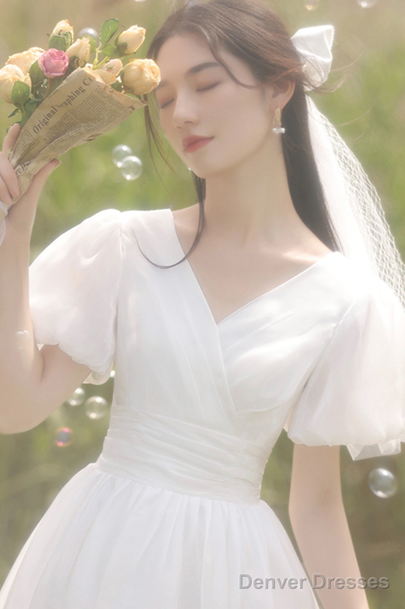 White V-Neck Tulle Short Prom Dress, Cute A-Line Evening Party Dress Secondary image