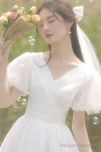 White V-Neck Tulle Short Prom Dress, Cute A-Line Evening Party Dress