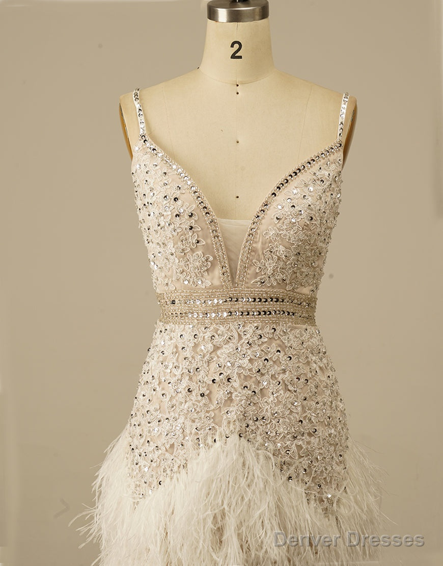 Gorgeous White Spaghetti Straps Beaded Homecoming Dress With Feather Main image