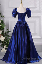 Wholesale Blue Satin Floor Length Prom Dress A-Line Short Sleeve Backless Evening Party Dress