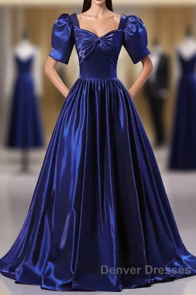 Wholesale Blue Satin Floor Length Prom Dress A-Line Short Sleeve Backless Evening Party Dress