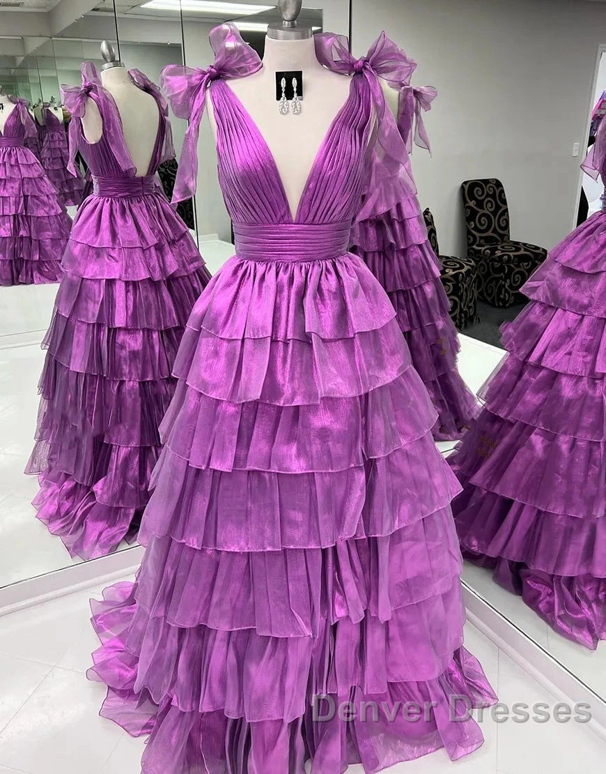 Wholesale Dark Purple Princess A-Line Deep V-Neck Long Tiered Prom Party Dress Prom Clothing