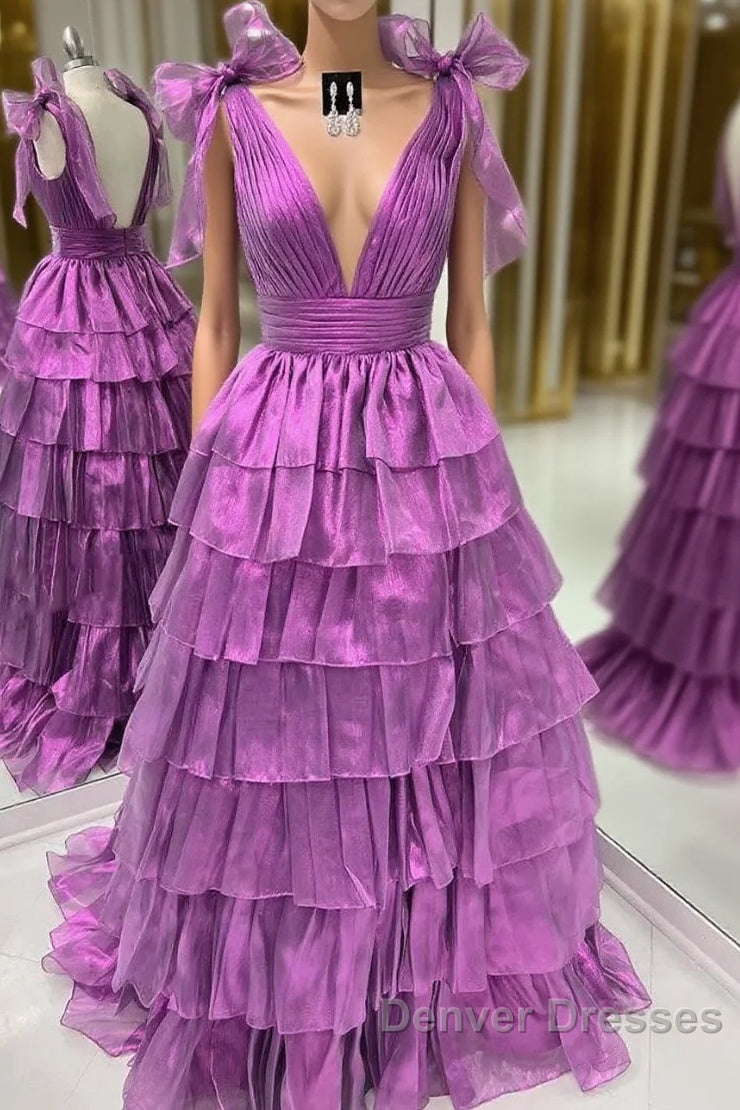 Wholesale Dark Purple Princess A-Line Deep V-Neck Long Tiered Prom Party Dress Prom Clothing Main image