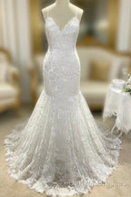 Wholesale Trumpet/Mermaid V-Neck Sleeveless Lace Applique Sweep/Brush Train Wedding Dress