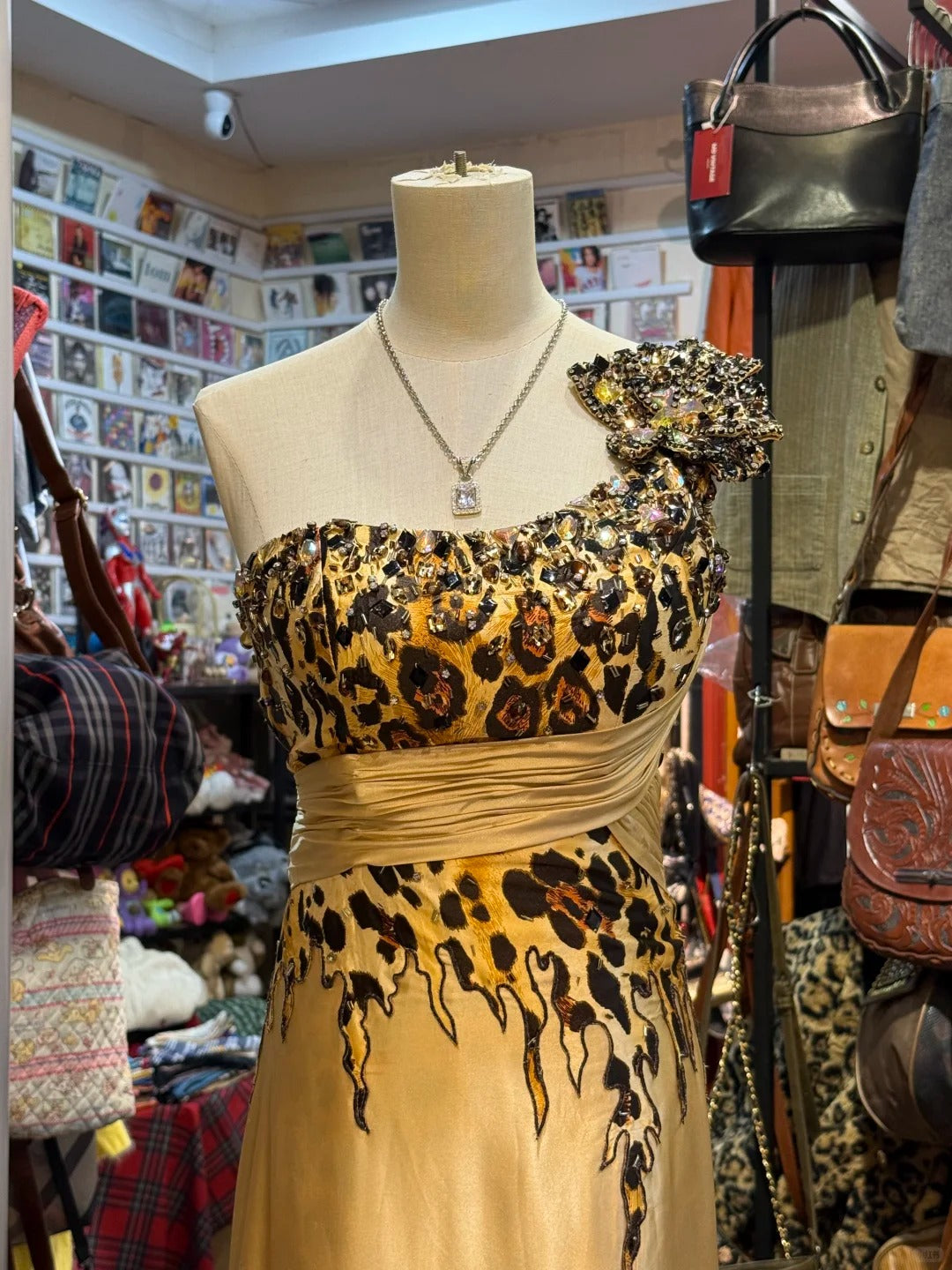 Wild Gold-Brown Leopard Print One-Shoulder Satin Long Prom Dress Evening Dress