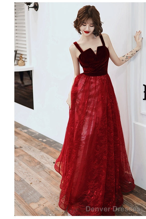 Wine Red A-Line Floor Length Velvet And Tulle Straps  Evening Dress Prom Dress Secondary image