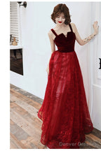 Wine Red A-Line Floor Length Velvet And Tulle Straps  Evening Dress Prom Dress